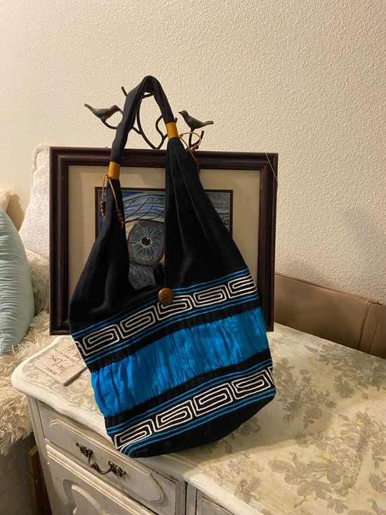 Handbags - Black and Teal Boho Shoulder Bag with Decorative Trim
